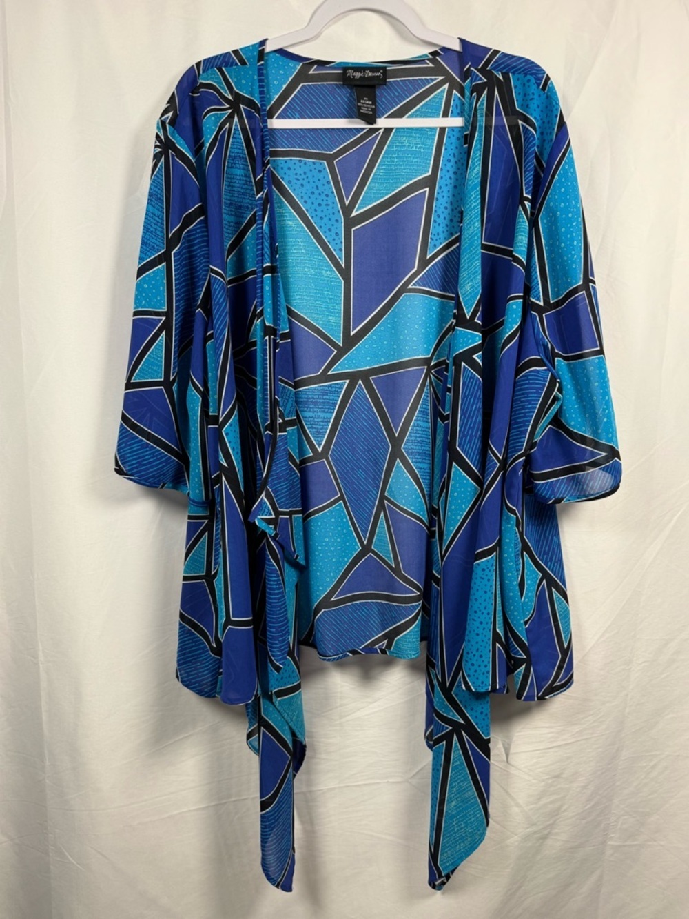 Maggie Barnes Blue & Teal Geometric Open Cardigan 2X